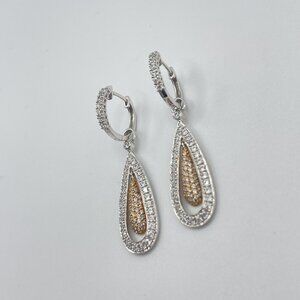 14K Two-Tone White & Yellow Gold Diamond Floating Teardrop Dangle Earrings